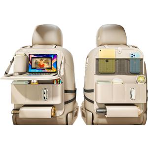 XDV Car Seat Organizers,Multi-functional Back Seat Protectors, Storage Pouches, Child kicking prevention and Tray Holders (for Cars, Kids, Seat Back and Rear Seats) (Beige, 2 Pcs)