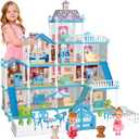 OCRETIC Doll House for Girls,13 Rooms Dollhouse with 2 Dolls, Lights, Figure, Puppies,Furnitures, Accessories, Toddler Playhouse Gift for for 3 4 5 6 7 8 9 10 Year Old Girls Toys (Blue)