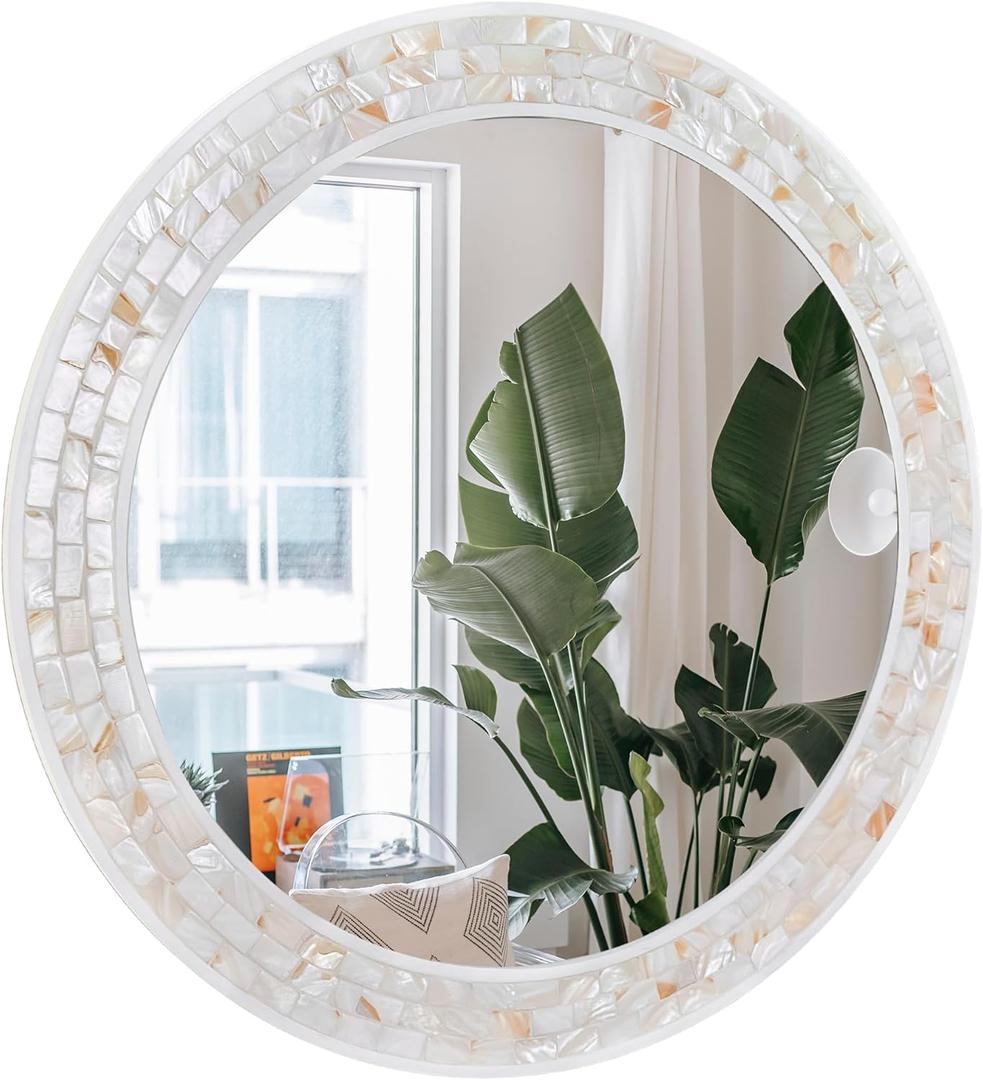 Mosaic Mirrors for Wall 30 Inch, Natural Mother of Pearl Inlay White Framed Round Mirror for Bathroom, Bedroom or Entryway
