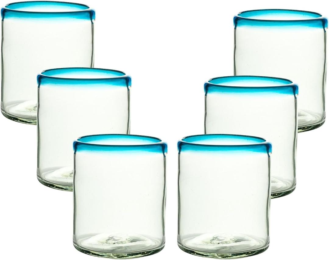 Aqua Blue Rim Hand Blown Tumbler Glasses - 100% Recycled Mexican Glassware - Artisan Crafted Drinking Glasses for Cocktails, Wine, Tequila, or Water - Set of 6 (10 oz)