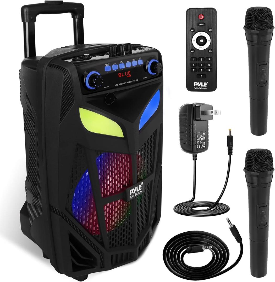 Portable Bluetooth PA Speaker System - 600W 10 Outdoor BT Speaker - Includes 2 Wireless Microphones, Party Lights, USB SD Card Reader, FM Radio, Rolling Wheels - Remote Control - Pyle PPHP101WMB