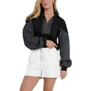 Women's Oversized Sweatshirts Color Block Pullovers Half Zipped Cropped Long Sleeve Casual Tops (Black)