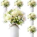 6 Set Fake Flowers with Vase Artificial Roses Bouquets Table Centerpiece Ceramic Vase Rope Decor for Wedding Engagement Holiday Party Bridal Shower Home Decor(Classical White)