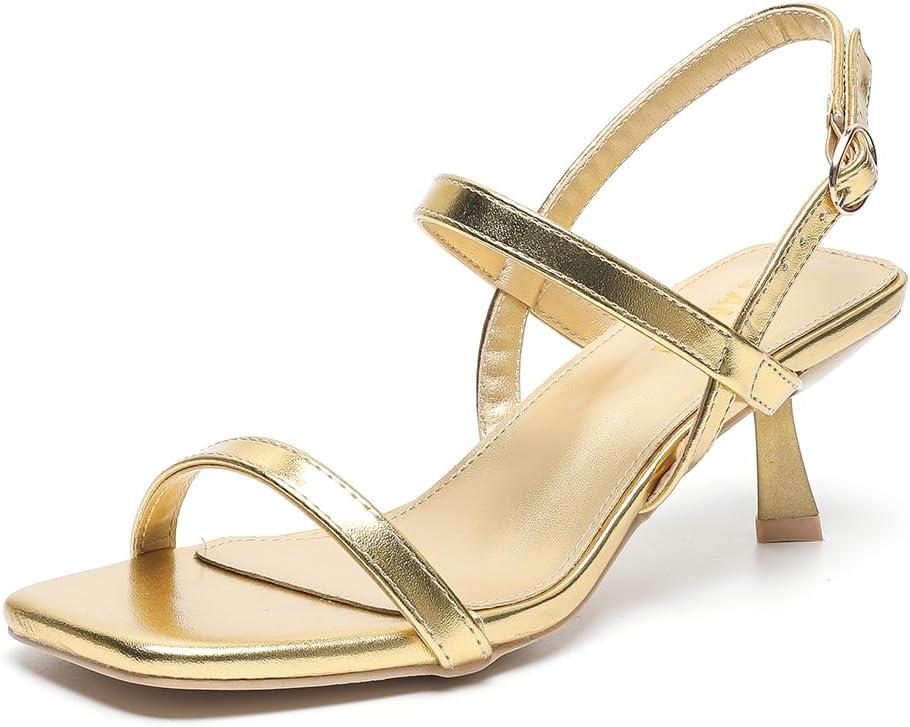 Amoji Women's 2.5 Inche Low Kitten Heel Ankle Strap Heeled Sandals Party Wedding Dress Shoes FZ326 Gold Heels, Size 6 women