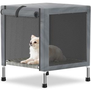 Small Stainless Steel Elevated Dog Crate with Cover, 2-in-1 Indoor & Outdoor Raised Pet House, Rust-Proof Dog Kennel with Silicone Anti-Slip Feet, Tool-Free Assembly