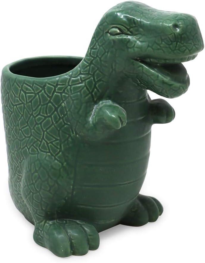 Isaac Jacobs Green Ceramic Dinosaur Cup, Toothbrush Holder, Multi-Purpose Organizer,  Great for Toiletries, Bathroom, Kitchen, Crafts, Desk, Novelty Bathroom Accessory (Single Cup, Green)