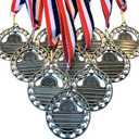 10 Pack of 2.5 Inch Die Cast Metal 2nd Place Swimming Award Medallions with Antique Silver Finish and Red White & Blue Neck Ribbons