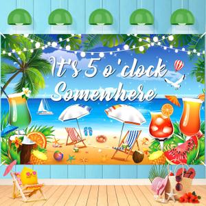 RUMIA It's 5 O'Clock Somewhere Decorations - Summer Beach Tropical Banner for Aloha Luau Holiday Party Supplies - Hawaiian Palm Tree Backdrop for Indoor Outdoor Decor