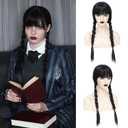 Black Wig with Bangs Black Braided Wig for Women 22 inch Straight Synthetic Wig Heat Resistant Fiber Wigs for Cosplay Halloween Party Daily Use