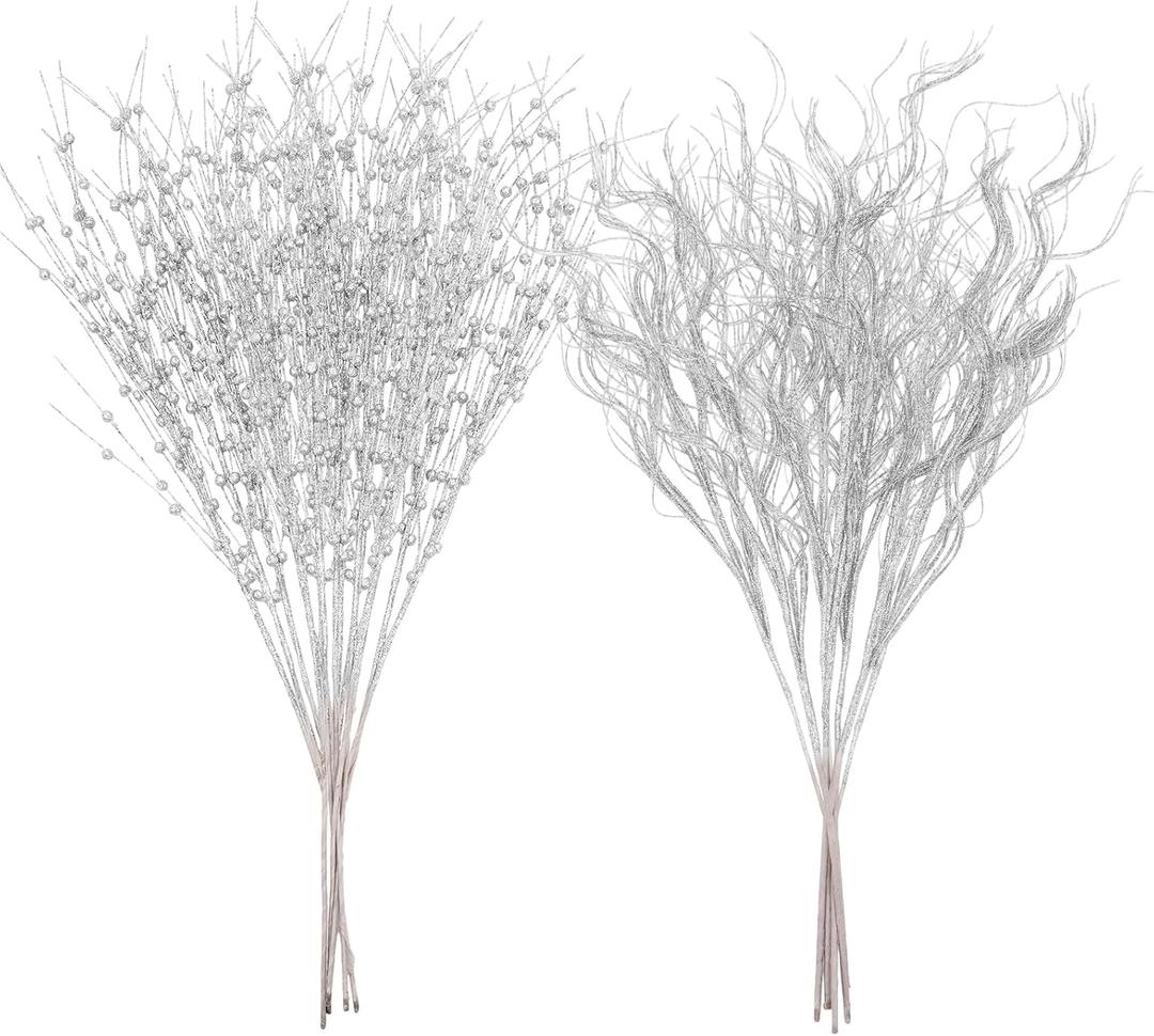 20 Pcs Extra Large 27.5'' Glitter Curly Ting Ting Branches and 29.5'' Christmas Artificial Berry Stems Vase Filler Artificial Curly Twigs Xmas Bouquet for Christmas Tree Home Decor (Silver)