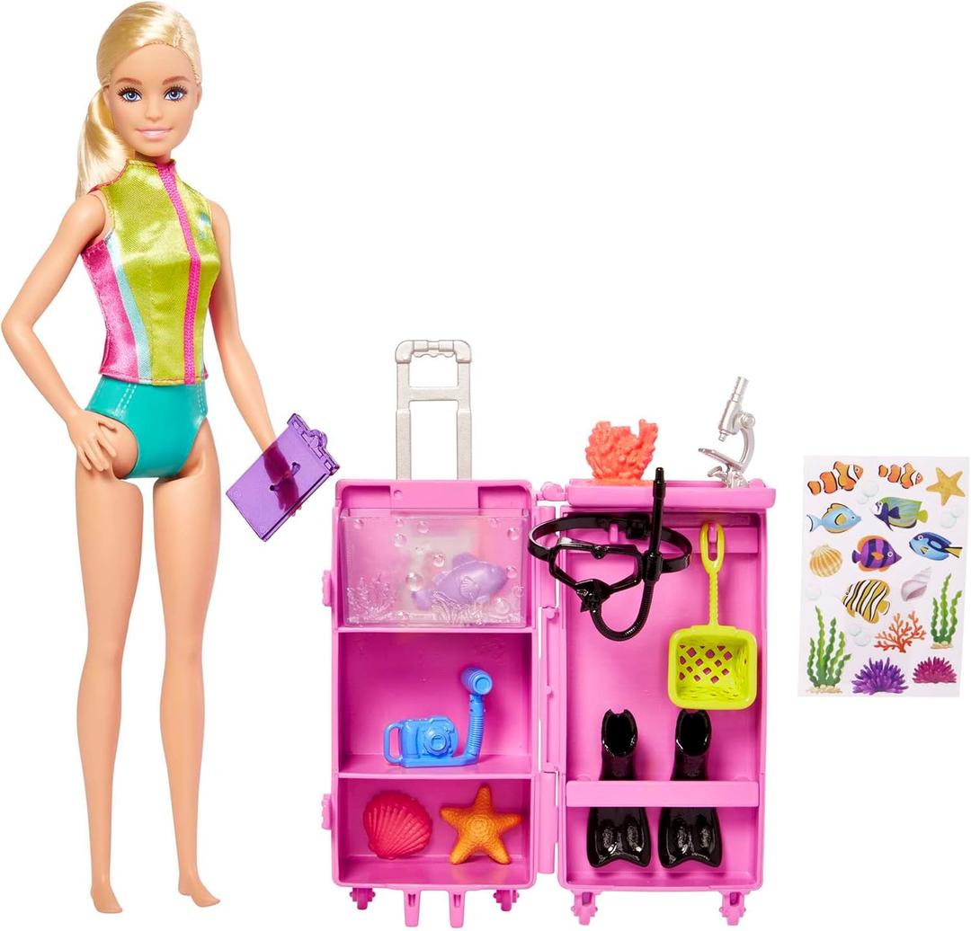 Barbie Dolls & Accessories, Marine Biologist Doll (Blonde) & Mobile Lab Playset with 10+ Pieces, Case Opens for Storage & Travel