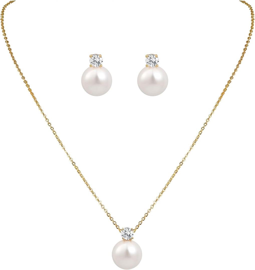 14K Gold Plated Pearl Necklace and Earring Set for Women Jewelry Set with Pearl Pendant Necklace and Studs Earrings for Wedding and Bridesmaid