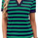 LilyCoco Striped Shirt Women Collared Fitted Short Sleeve Summer Casual T Shirt Green Large