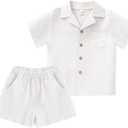 XMWEALTHY Toddler Baby Boy Summer Clothes Color Block Short Sleeve Button-down Shirt Tops + Cotton Pants Outfit Set (2-3T, White)