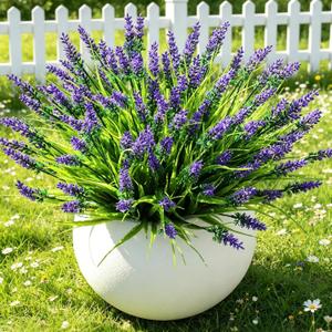 16 Bundles Artificial Lavender Flowers, UV Resistant Fake Plants for Indoor Outdoor Decor, Perfect for Patio Garden Front Porch Pathway Hanging Planter, Purple