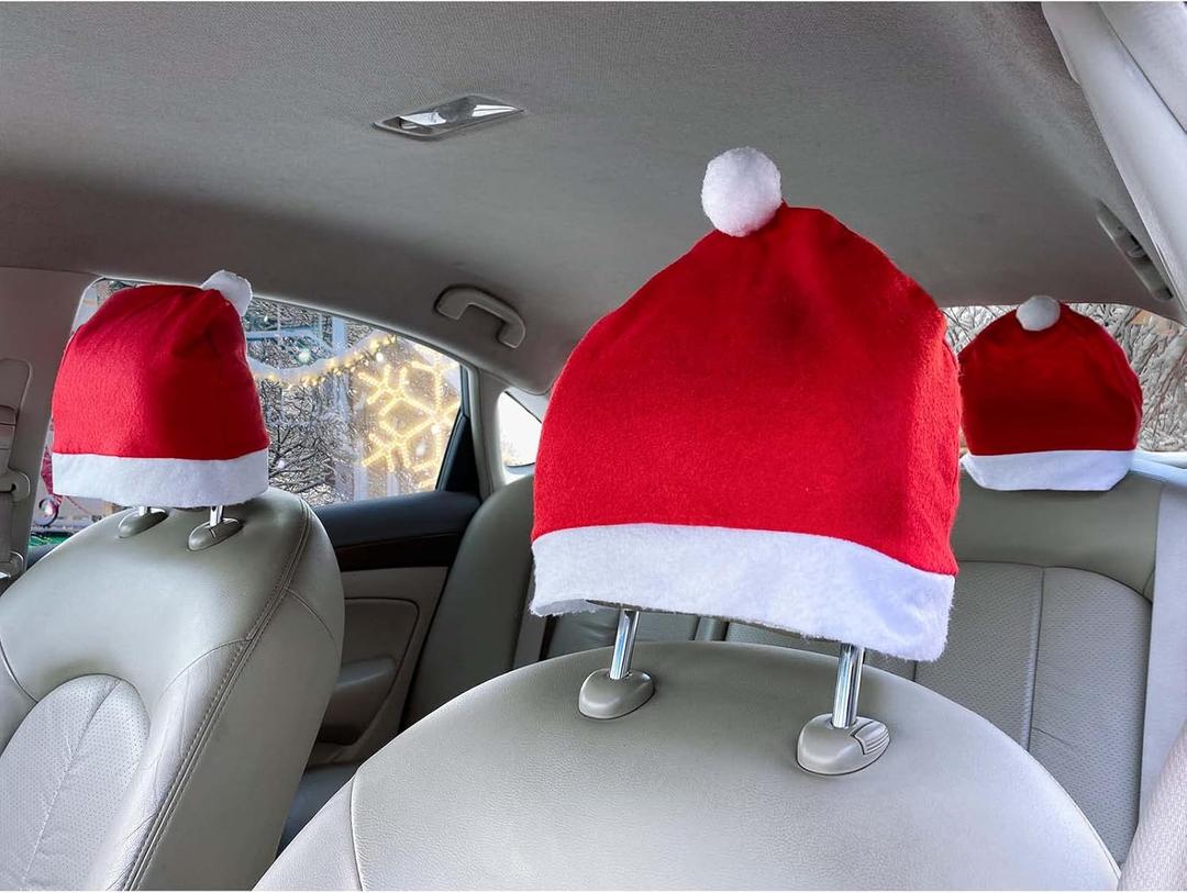 YIXIN 4-Piece Santa Claus hat car seat headrest Cover Cute car Decoration Interior Accessories-car Christmas Decorations-Functional car Decoration, Suitable for Most car headrests (Red-4pcs)