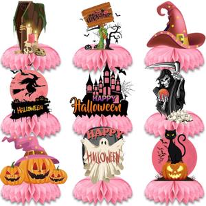 9pcs Halloween Honeycomb Table Centerpiece Decoration Halloween Party Decoration Pink Ghost Witch Honeycomb Ornaments Gathering Table Decoration for Girls