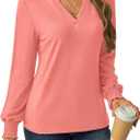GKBK Womens Long Sleeve Shirts Fall Tops V Neck Business Dressy Casual Blouses with Smocked Cuffs (Pink, M)