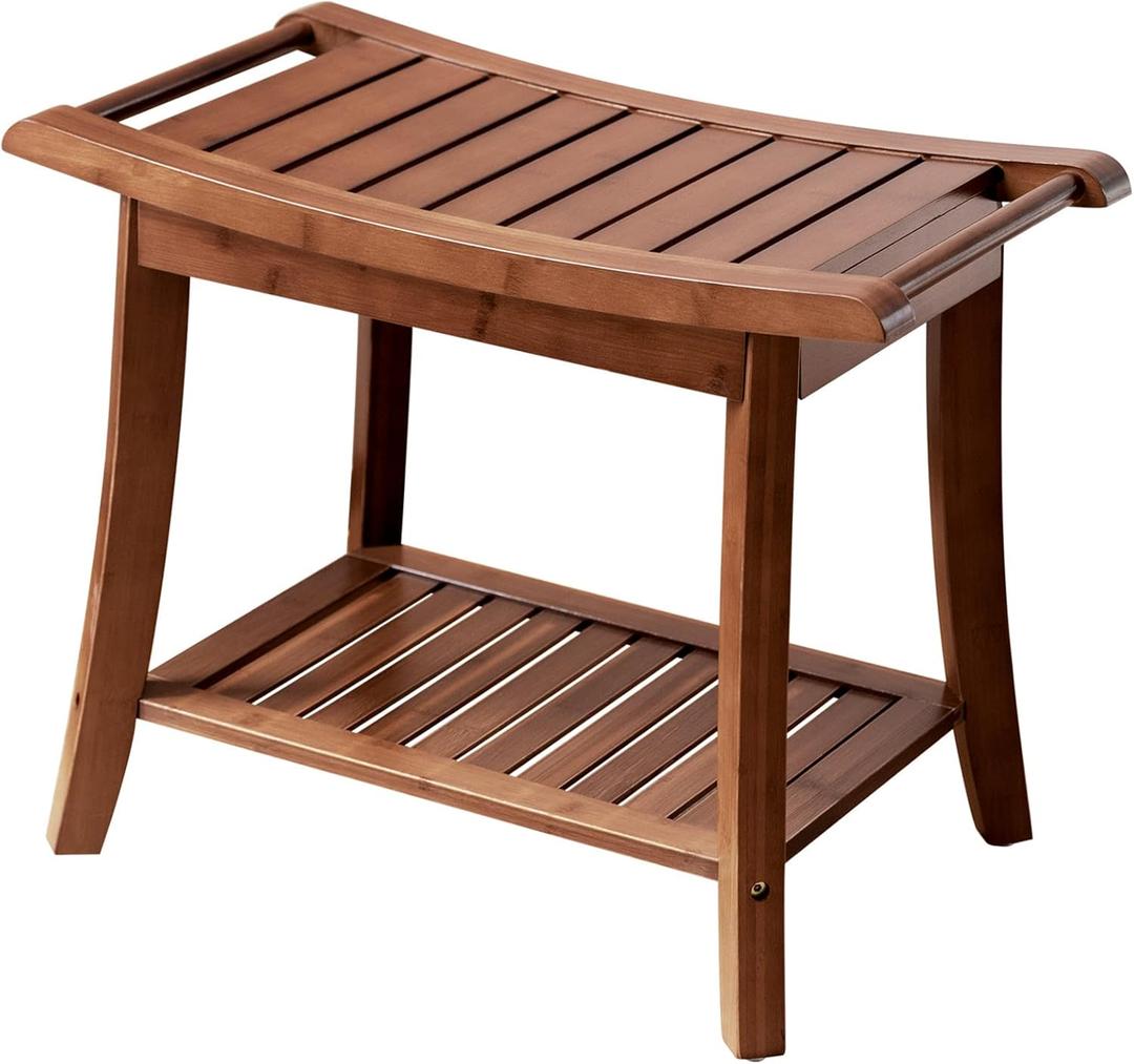 Forevich Bamboo Shower Bench Stool with Storage Shelf Waterproof Shower Chair Spa Bath Seat Excellent for Indoor Use Chestnut Brown (23.7 x 15.1 x 18.4 inches Chestnut Brown)