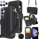 Harryshell Crossbody for Samsung Galaxy S23 FE 5G Case Wallet [8 Card Slots] with [Theft-Scan Blocking],Cash Coin Zipper Pocket Long Shoulder & Wrist Strap for S23Fe (Black)