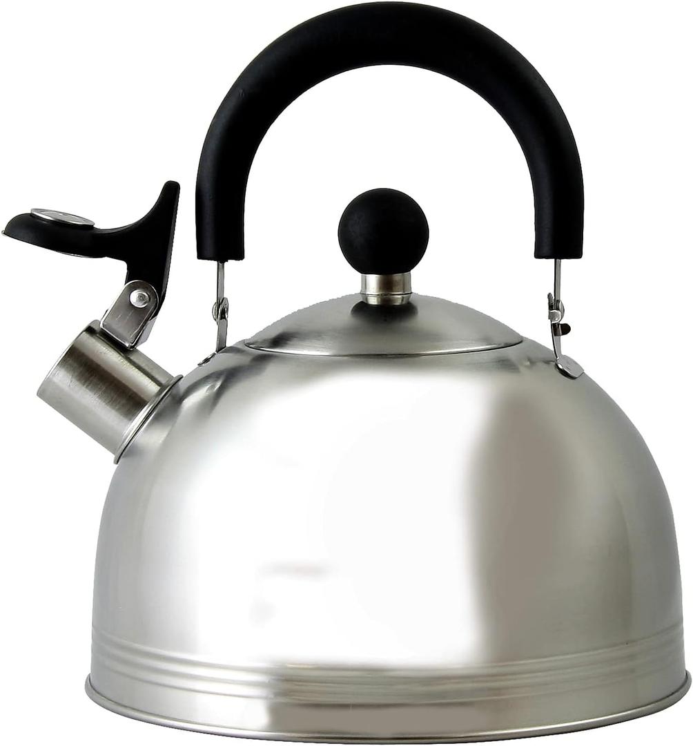 Mr. Coffee Carterton Stainless Steel Whistling Tea Kettle 1.5-Quart Capacity, Mirror Polish Finish, Durable Tea Kettle for Stovetop, Fast Boiling, Easy Pouring