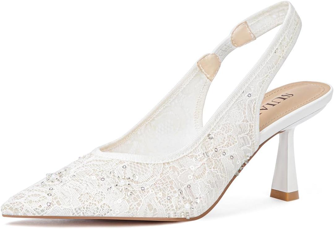 Slingback Wedding Heels for Women Bridal Lace Mesh Kitten Heel Closed Pointed Toe Pearl Pumps Shoes (White) Size 7 