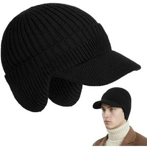 Winter Hat with Brim and Ear Flaps for Men, Knitted Hat with Fleece Lining for Warmth Caps for Men Women 