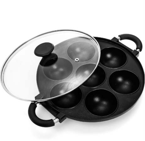 WUWEOT Aebleskiver Pan, Non Stick Appe Grill, 3.15" Appam Maker Griddle, Aluminum Pancake Octopus Ball Half Sphere Pan with 2 Side Handle and Glass Cover Lid