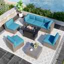 8 Pieces Outdoor Patio Furniture Set with 43" Fire Pit Table, Wicker Outdoor Patio Sectional Sofas with Coffee Table and Cushions, All-Weather Patio Conversation Set for Garden Backyard, Light Blue