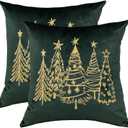 GEEORY Green Velvet Embroidered Christmas Tree Pillow Covers 18x18 Inch Set of 2, Xmas Decorations Farmhouse Winter Holiday Decor Cushion Case for Sofa & Bed GX006-18