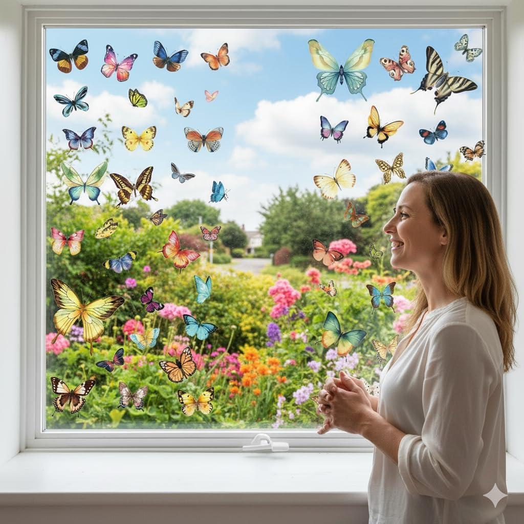 59 Pcs Butterfly Window Decals  Colorful Window Clings to Prevent Bird Strikes, Removable Sliding Glass Door Decals & Peel-and-Stick Window Stickers for Glass Doors, Decorative Cling-On Vinyl