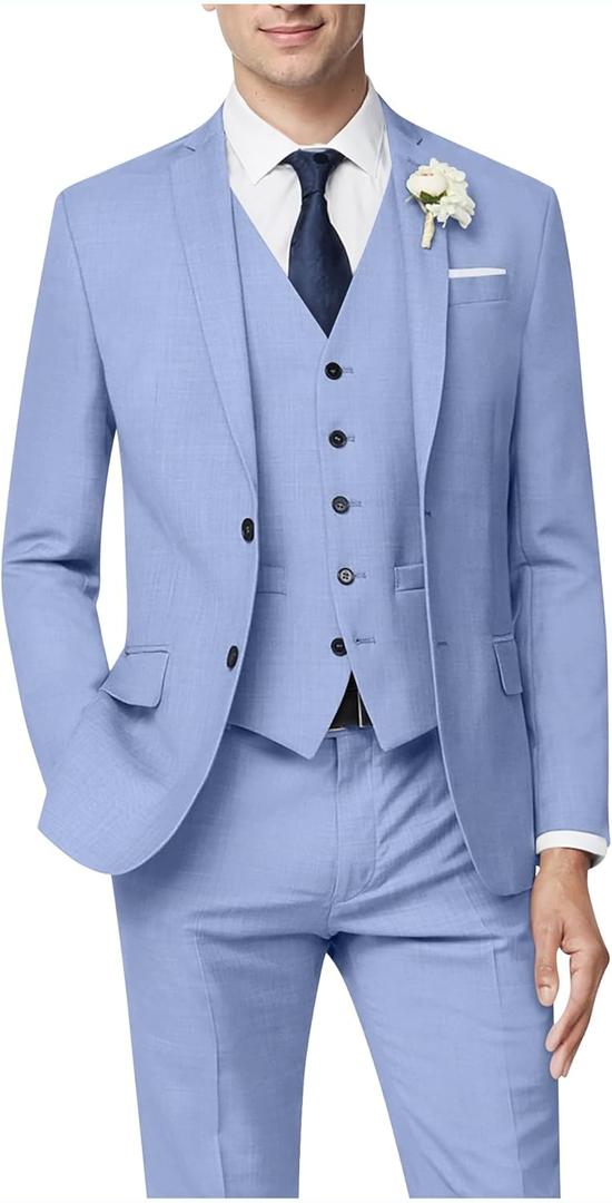 Men's 3 Piece Slim Fit Suit Set, Two Button Blazer Solid Suit Jacket Vest Pants Tuxedo Set for Wedding Prom (Blue, XXXL)