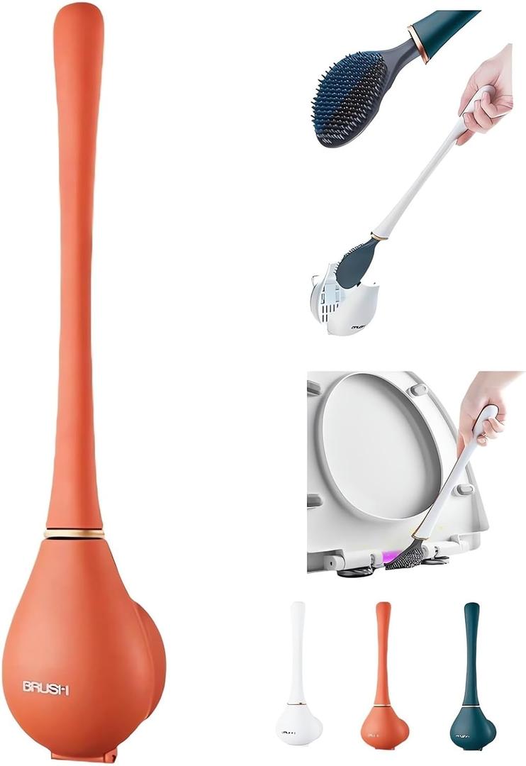 Modern Flexible Silicone Toilet Caspa for Home 2025 Silicone Toilet Wand Bowl Brush and Holder Cleaning Set Wall Mounted Rubber Bathroom Toilet Scrubber Bowl Cleaner Brushes with Dispenser (Orange)