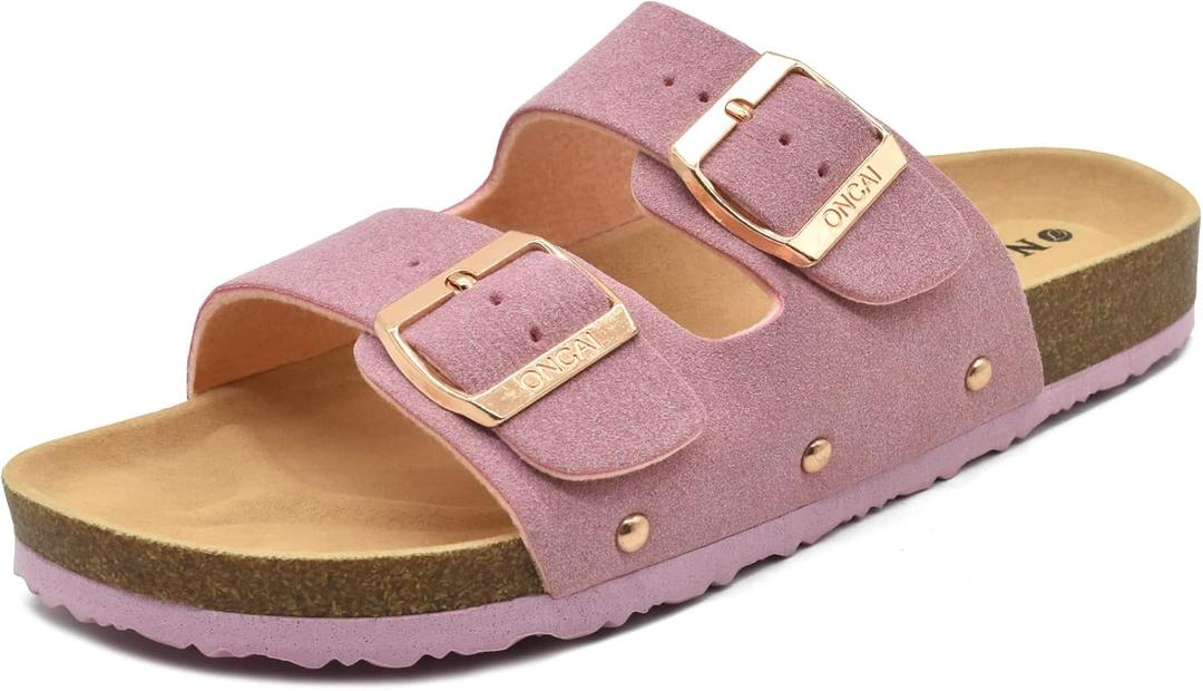 ONCAI Womens Flat Slide Sandals with Arch Support 2 Strap Adjustable Buckle Slip on Slides Shoes Non Slip Rubber Sole, Size 9