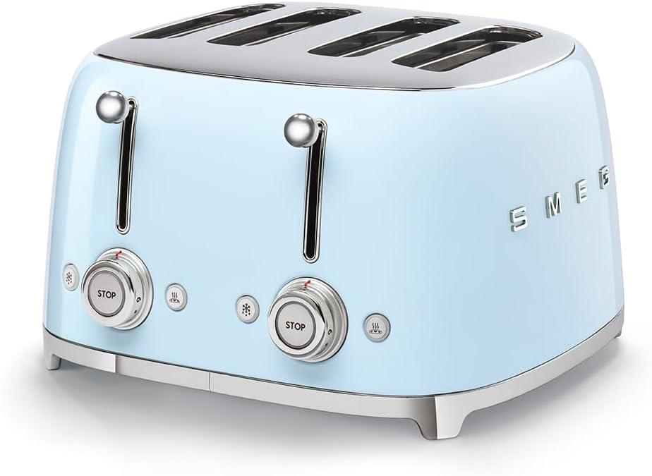 SMEG 4 Slice Toaster TSF03, Retro Stainless-Steel Toaster with Wide Slots for Bagels, 6 Browning Levels, Defrost Reheat Bagel Functions, Dual Controls, Crumb Trays, 1800W - TSF03PBUS - Pastel Blue