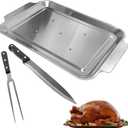 Stainless Steel Spiked Roast Chicken Carving Tray, Turkey Meat Serving Dish, Spiked Carving Knife Fork Set