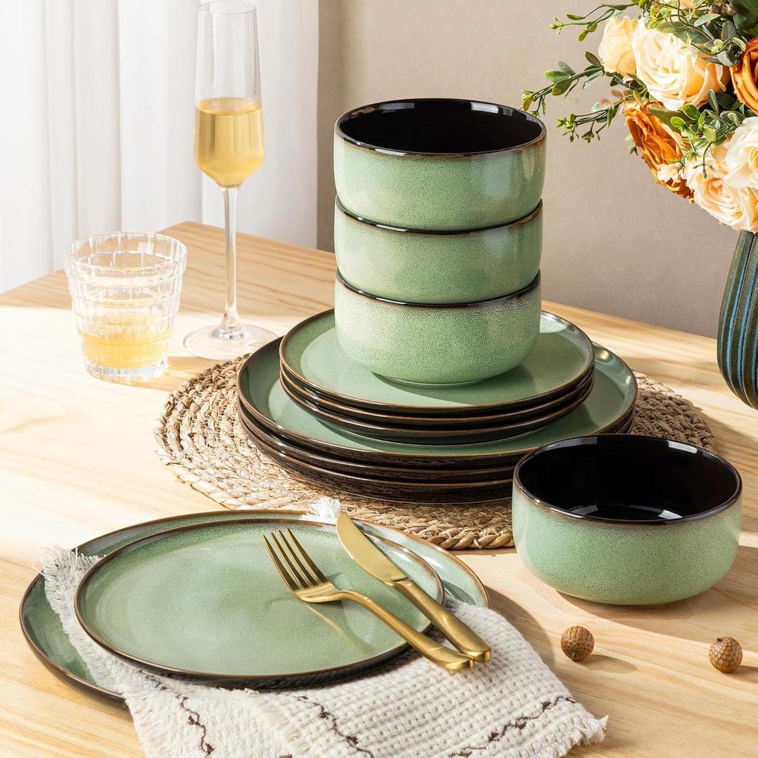 LERATIO Ceramic Dinnerware Sets for 4,12 Pieces Poreclain Plates and Bowls Sets,Scratch Resistant Dishes,Dishwasher & Microwave Safe Dishes Set,Service for 4-Light Geen