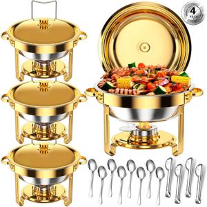 Round Chafing Dishes for Buffet 5 Qt,High Grade Chafing Dish Buffet Set with Stainless Steel Lid & Lid Holder,Full Size Pan,Food Warmers for Parties,Buffet,Wedding, Birthday 4 Pack (Gold)