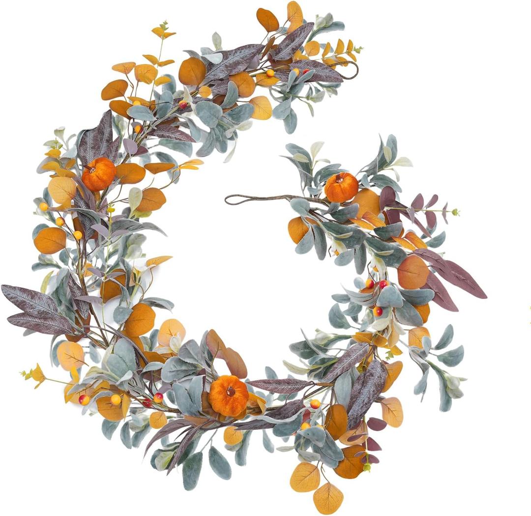Fall Garland with Lights, 6FT Fall Leaves Garlands, Artificial Eucalyptus Garland with Pumpkins Berries for Home Mantle Fireplace Decor Thanksgiving Christmas Party Autumn Decoration (6FT)