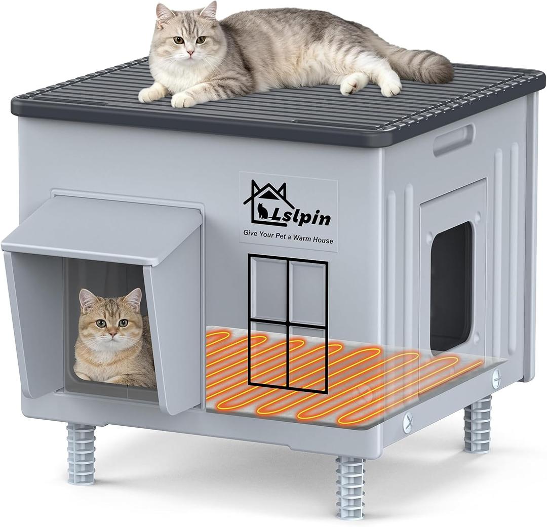 Indestructible Heated Cat House for Outside Cats Winter,Weatherproof & Insulated & Elevated Feral Cat House with Escape Door, Outdoor Indoor Cat Shelter for Stray Barn Cat 17.7×17.7×17.5