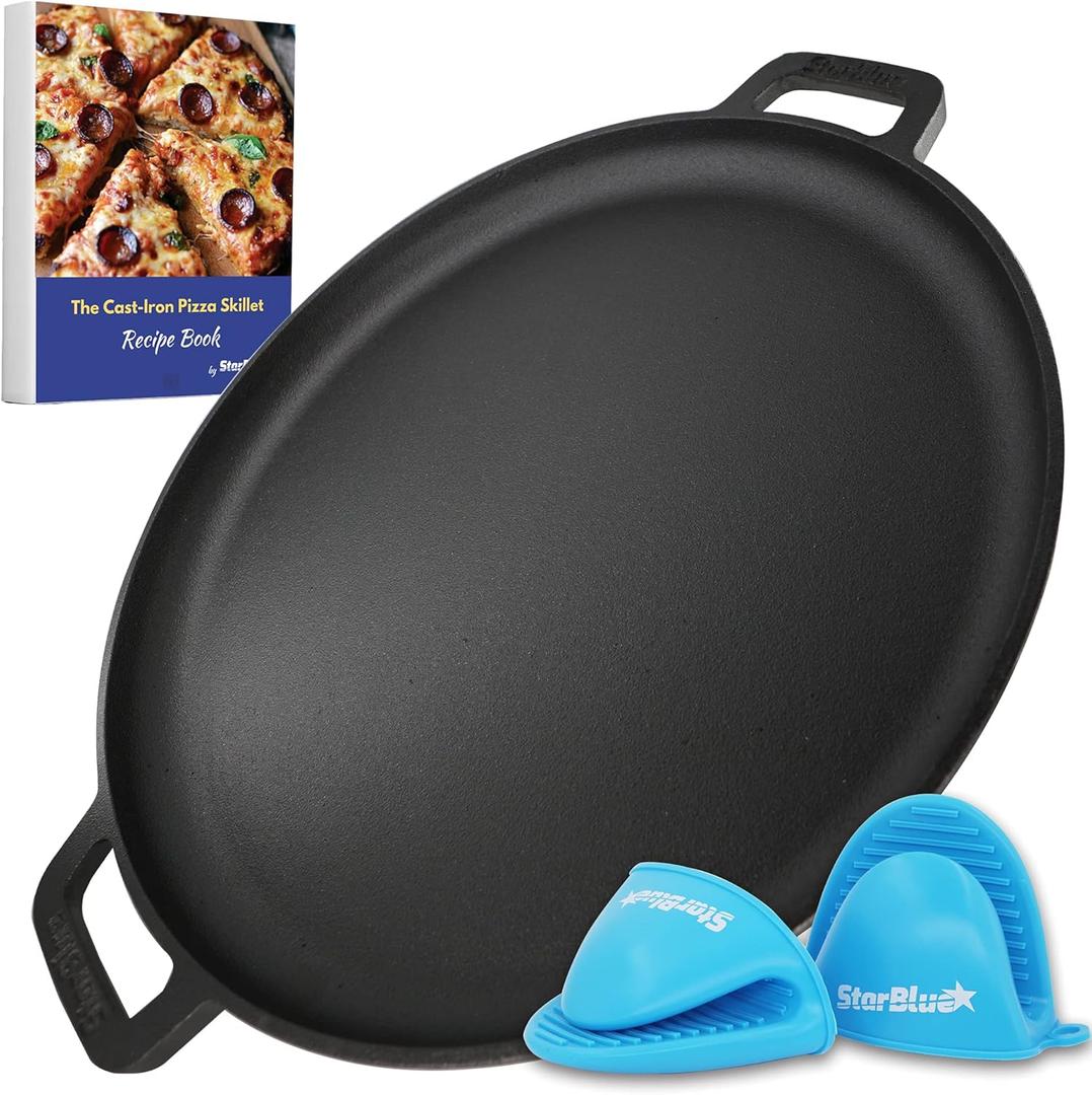16 Inch Cast Iron Pizza Pan Round Griddle by StarBlue with FREE Silicone Handles and 30 Recipes Ebook Pre-Seasoned Comal, Kitchen Essentials for Pizza Lovers, Baking, Grill, BBQ, Stove Oven Safe
