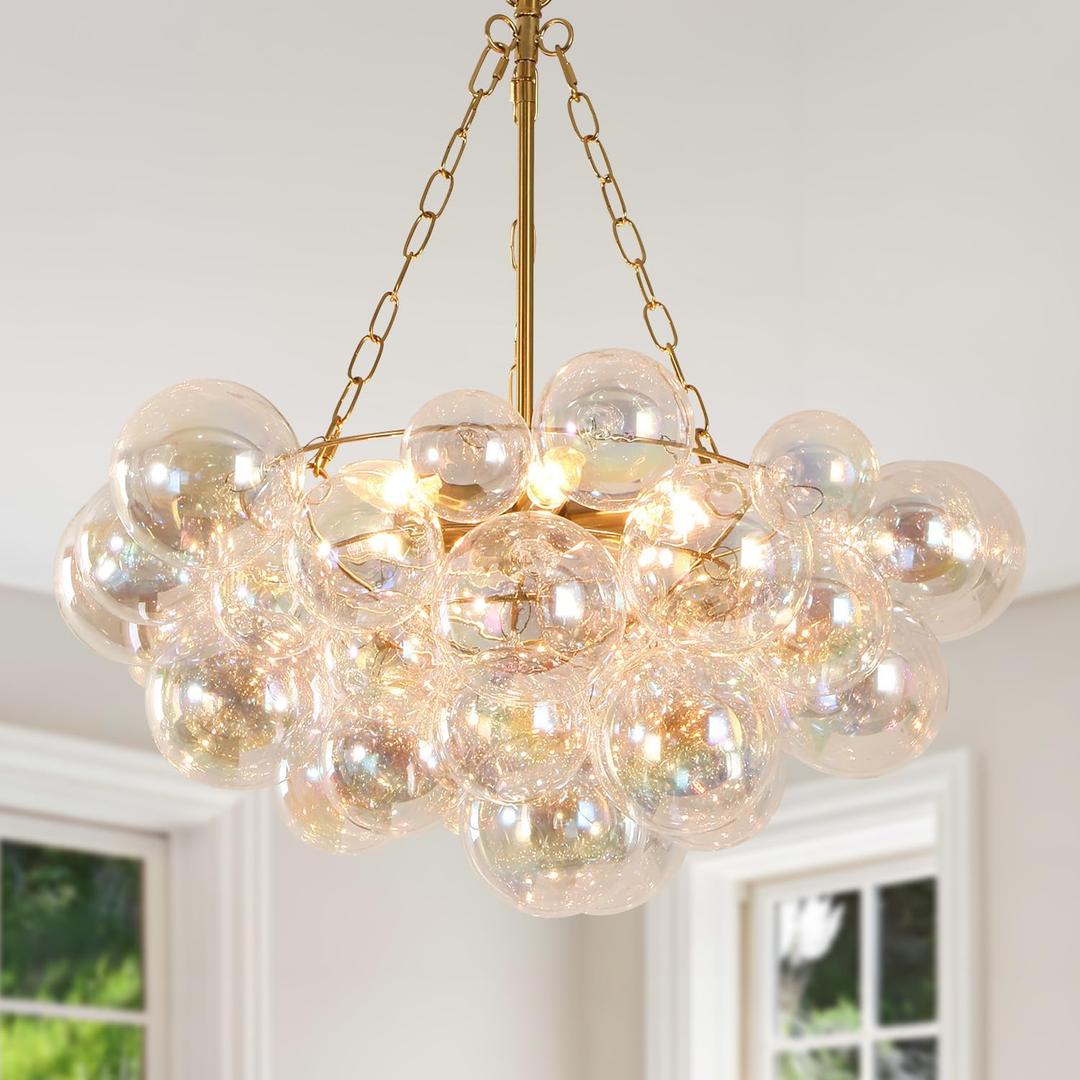 6 Light Gold Glass Bubble Chandelier, 25.2“ Colorful Chandelier, 25.2 in