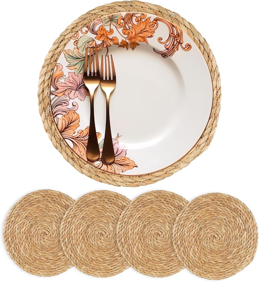 Round Woven Placemats 13 inch Set of 4 - Boho Rattan Placemats Natural Water Hyacinth Placemat, Farmhouse Weave Place Mats, Rustic Braided Wicker Table Mats for Dining Table,Home,Wedding