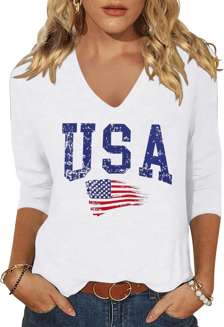 Womens 3/4 V Neck Sleeve American Flag Shirts 4th of July Summer Shirts Graphic Tops (Medium, White)