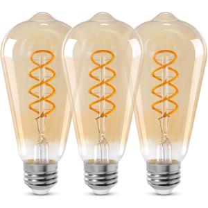 ST64 LED E26 Vintage Edison Light Bulbs, Light Amber Glass, Dimmable, 4W(40W Equivalent) 300 Lumens, 2500K Warm White, Spiral Filaments Design, Antique Style, 25000 Hrs, 3-Pack