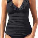 Womens Two Piece Swimsuits - Ruffle Flounce Tankini Tummy Control Bathing Suits V Neck Swimwear (X-Large, Black 01)