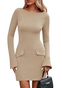 PRETTYGARDEN Womens Fall Long Sleeve Mini Dress 2025 Trendy Boat Neck Bodycon Knit Elegant Short Party Formal Dresses (Khaki, Small)
