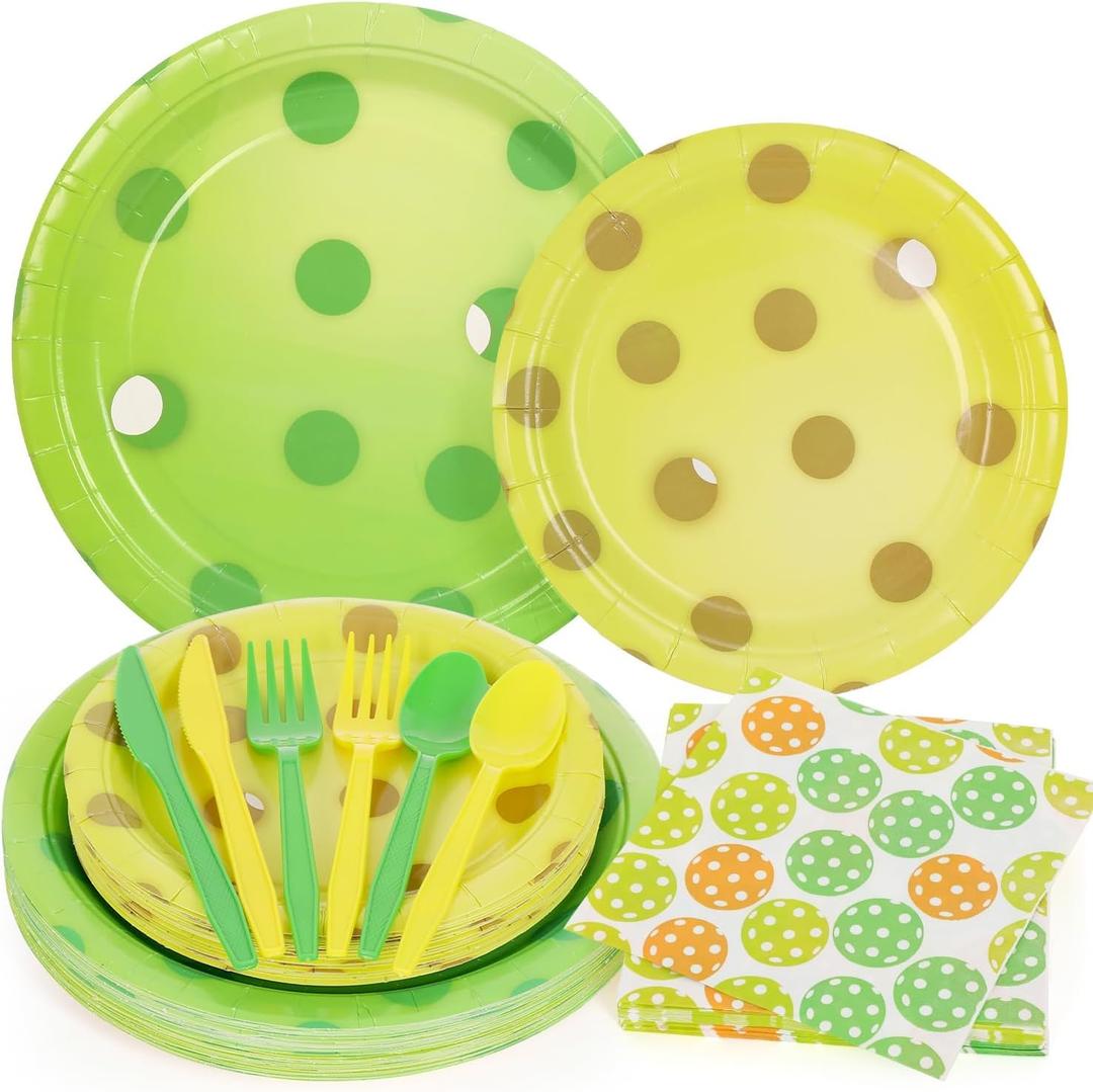 144 Pcs 3D Pickleball Party Supplies Paper Pickleball Plates and Napkins Dinnerware Set Tableware Supplies Includes Paper Plates Napkins Forks Serve 24 for Birthday Sports Party decorations