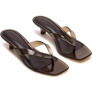 Agodor Jelly Thong Black Heeled Sandals for Women, Clear Flip Flop Low Kitten Heels Mules for Women Comfortable Square Open Toe Summer Casual Beach Slide Shoes US7.5