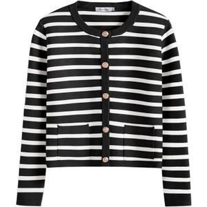 ANRABESS Women Striped Cardigan Sweaters Button Down Cropped Knit Lady Jackets Coat 2025 Fall Outfits Trendy Clothes (Large, Black White Stripe)